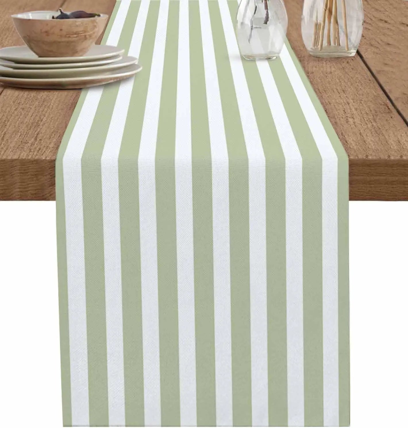Chemin de table rayures vert sauge style campagne