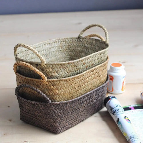 paniers de rangement en rotin et paille tressée pour plantes et objets divers - vue 2 sur 11