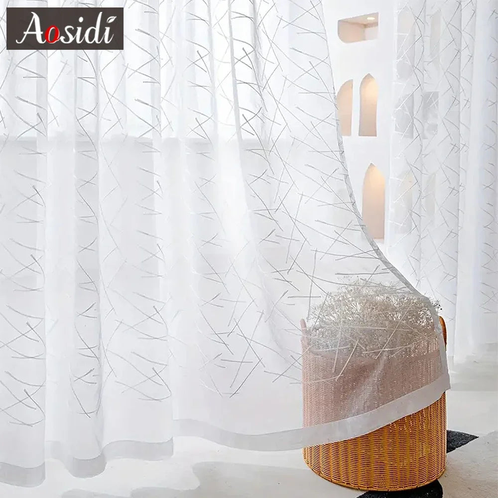 Voilage tulle brodé motifs géométriques rayés salon chambre - vue 3 sur 7