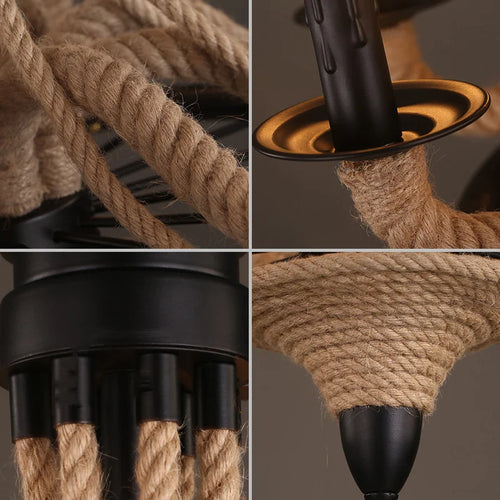 Loft américain lustre en bois nostalgique Restaurant salon Bar Internet café lumière lampe industrielle corde de chanvre suspension - vue 5 sur 7