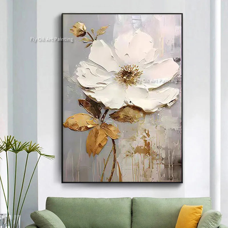 Tableau peinture à l'huile épaisse fleurs blanches abstraites décoration murale luxe - vue 8 sur 11