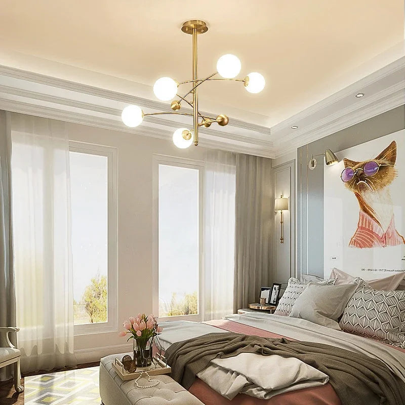 Nordic 5 Heads Copper Chandelier For Living Room Bedroom Hotel Rotatable Arms Milky White Lampshade G9 LED Lighting Fixtures - vue 3 sur 7