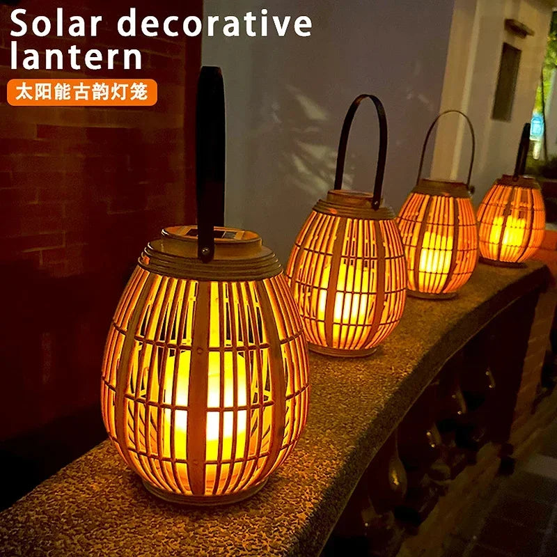 lanterne solaire en rotin pour balcon et jardin décoratif - vue 1 sur 6