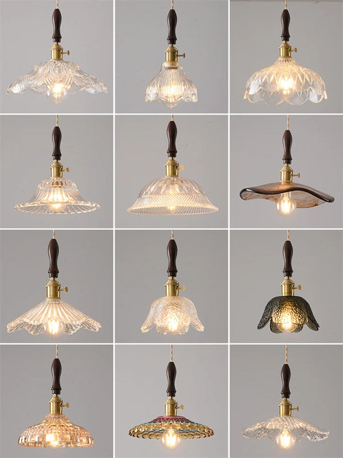 suspension moderne en laiton avec abat-jour rustique en verre de noyer - vue 3 sur 30