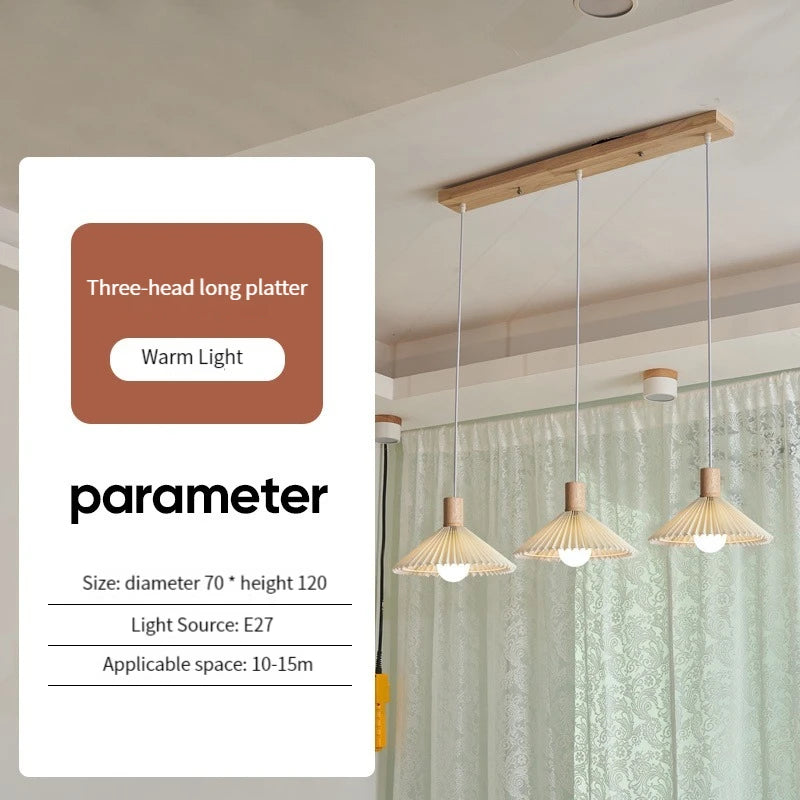 lustre nordique moderne en tissu plissé avec base en bois - vue 13 sur 14