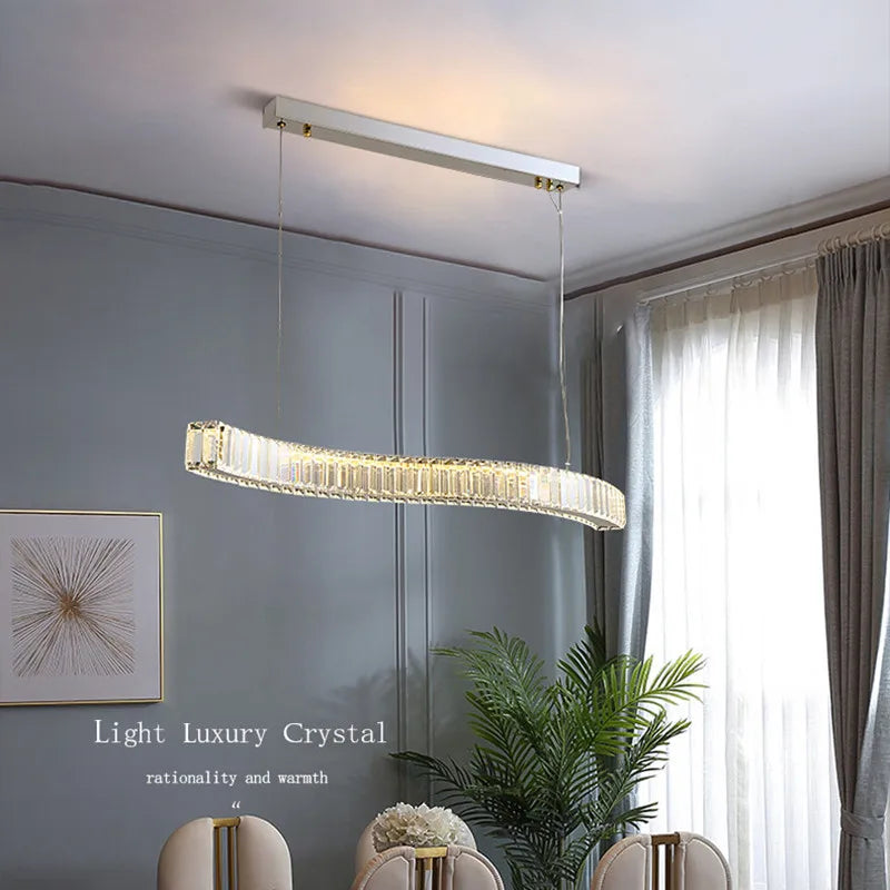 lustre moderne en acier avec cristaux et lumières led suspendues - vue 3 sur 8