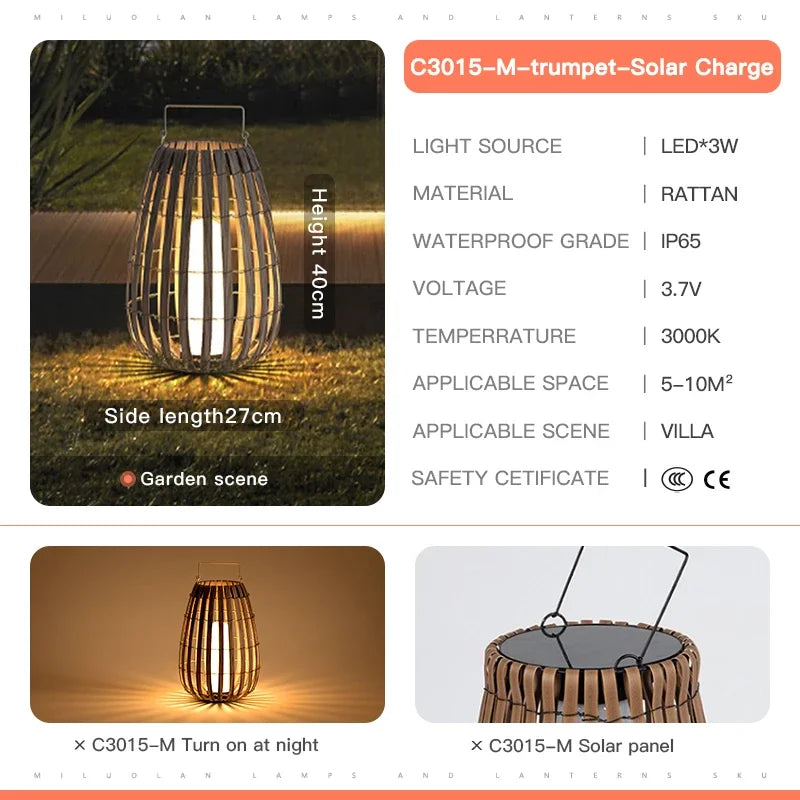 Outdoor Home Garden Solar lights, Rattan IP65 Waterproof Street Lamp Villa Courtyard Landscape Lawn Light For Garden Patio Fence - vue 10 sur 13
