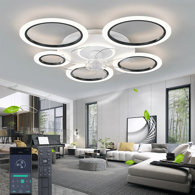Modern white minimum circular fan light, simple living room ceiling fan light, intelligent control ceiling fan light - vue 8 sur 8