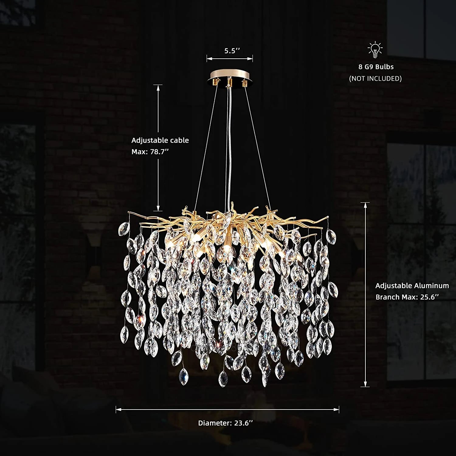 lustre en cristal de luxe avec branches led pour intérieur moderne - vue 14 sur 14