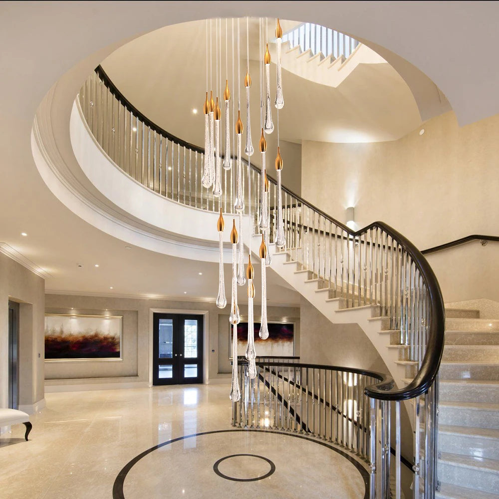 lustre led moderne en cristal pour grand escalier - vue 4 sur 19