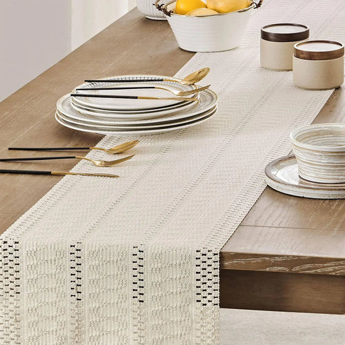 Chemin de table macramé bohème ivoire franges tissé - vue 8 sur 7