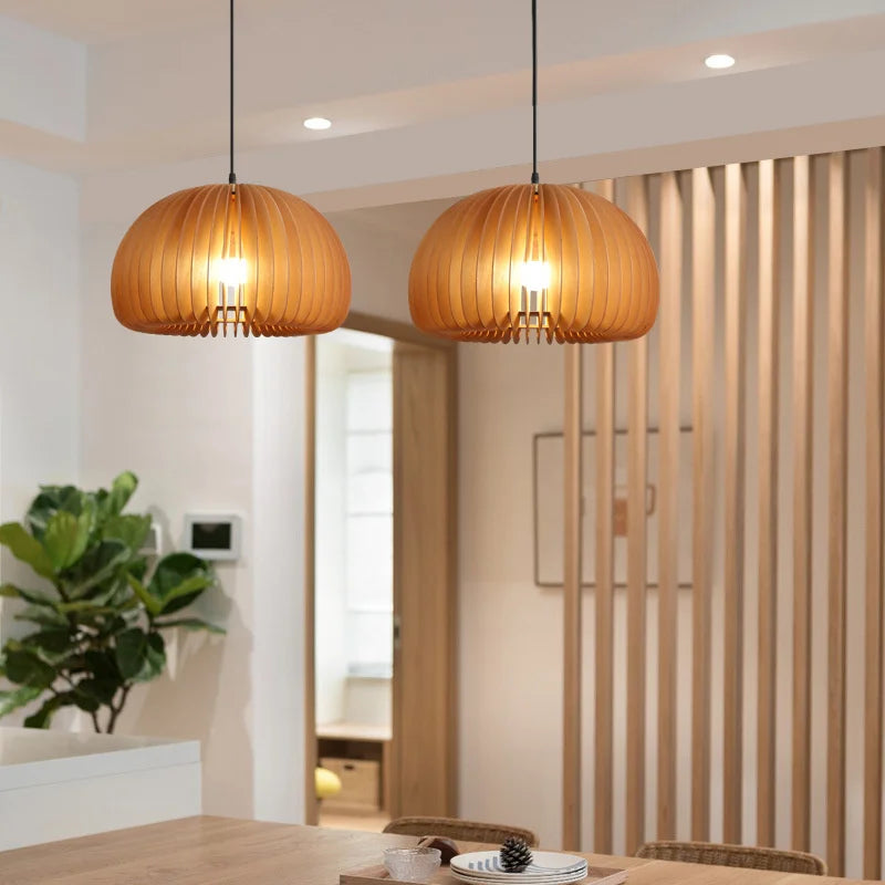 lustre en bois japonais style nordique rétro citrouille pour intérieur - vue 3 sur 11