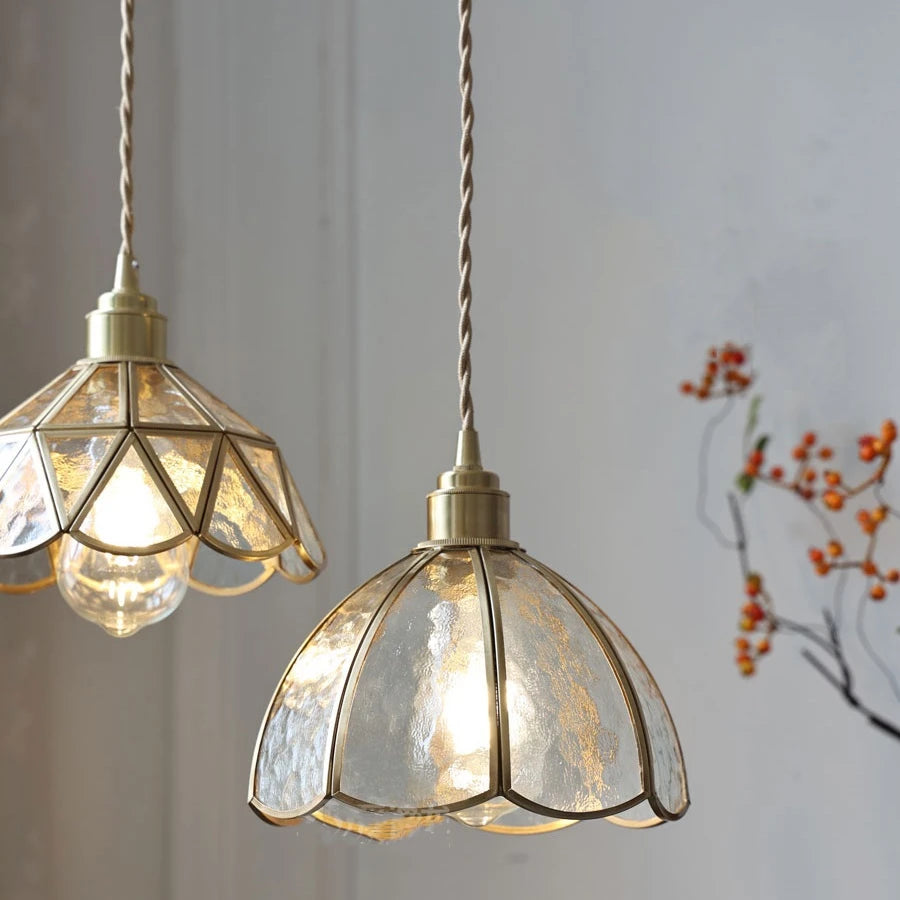 Suspension vintage en cuivre avec abat-jour en verre fait main - vue 6 sur 21