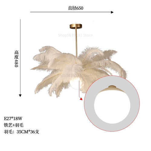 luminaire suspendu luxe plume d'autruche led style nordique - vue 12 sur 13