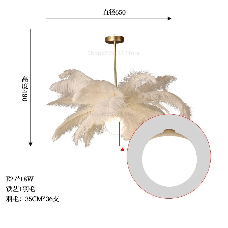 luminaire suspendu luxe plume d'autruche led style nordique - vue 12 sur 13