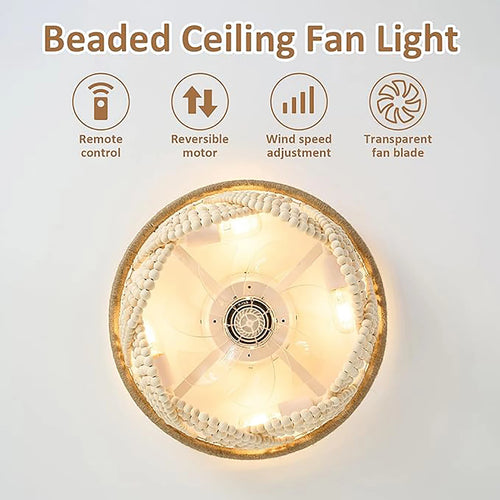 plafonnier led bohémien en perles de bois avec télécommande style nordique vintage - vue 6 sur 6