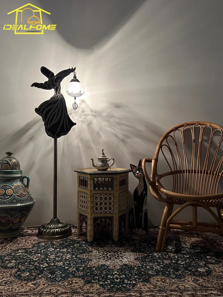 lampe de sol exotique en forme de bol et moine danseur zen - vue 3 sur 5