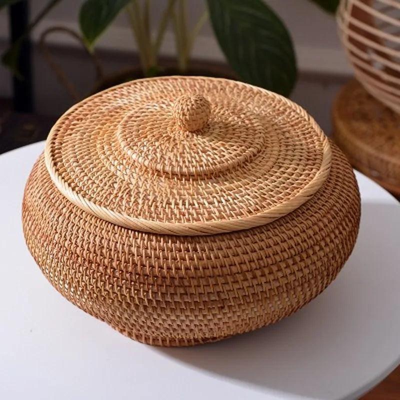 Panier boîtes rondes en rotin avec couvercle pour rangement polyvalent - vue 6 sur 6
