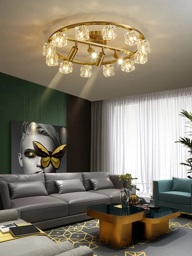 plafonnier en cuivre or noir argent cube cristal LED design moderne 2024 - vue 4 sur 10