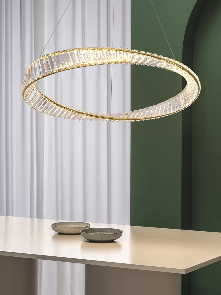 lustre décoratif circulaire en cristal et acier inoxydable - vue 4 sur 7