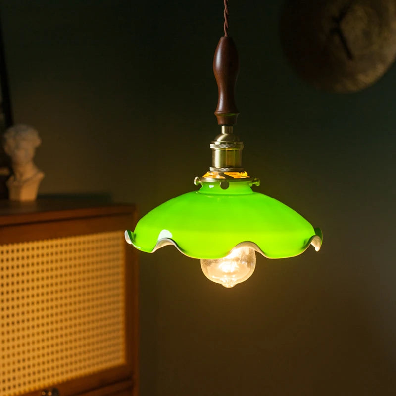 Suspension vintage style américain en cuivre bois et verre - vue 4 sur 30