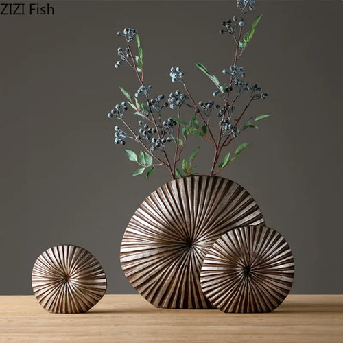vase floral en résine à fleurs moderne rayures bois - vue 2 sur 10