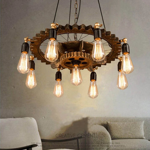 lustre industriel rétro créatif 9 têtes en bois pour loft restaurant café - vue 2 sur 9