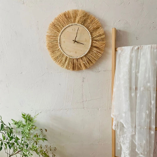 horloge murale artisanale style nordique en paille tissée avec aiguilles mobiles - vue 3 sur 7
