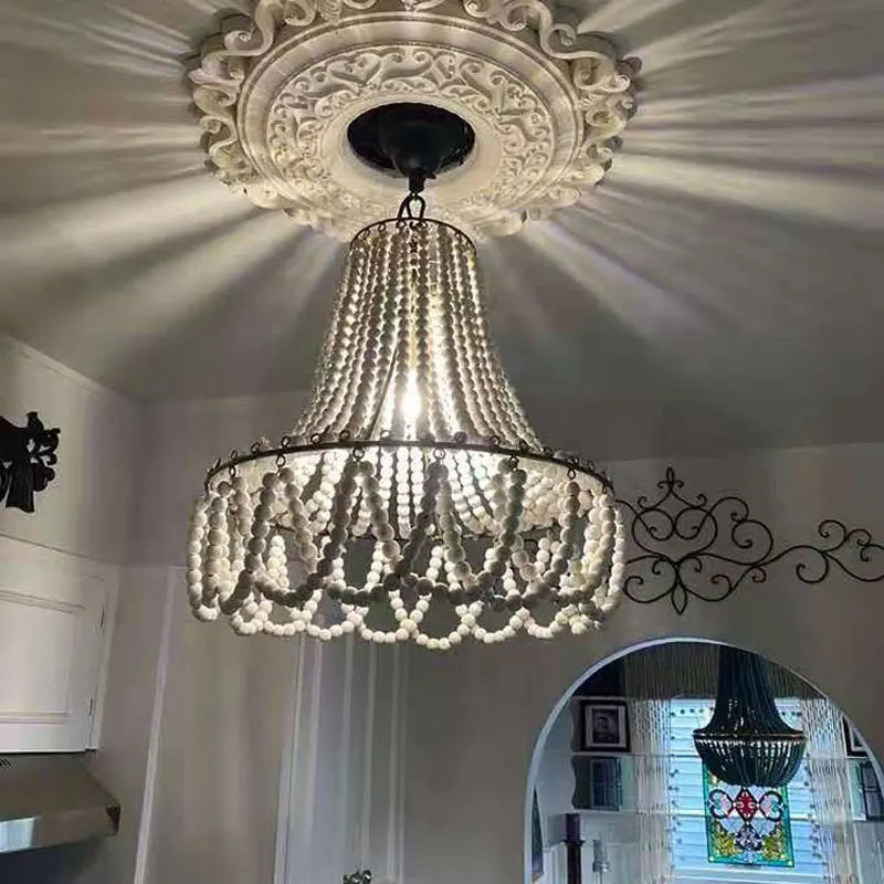 lustre en perles de bois style bohème nordique et rural américain - vue 3 sur 7