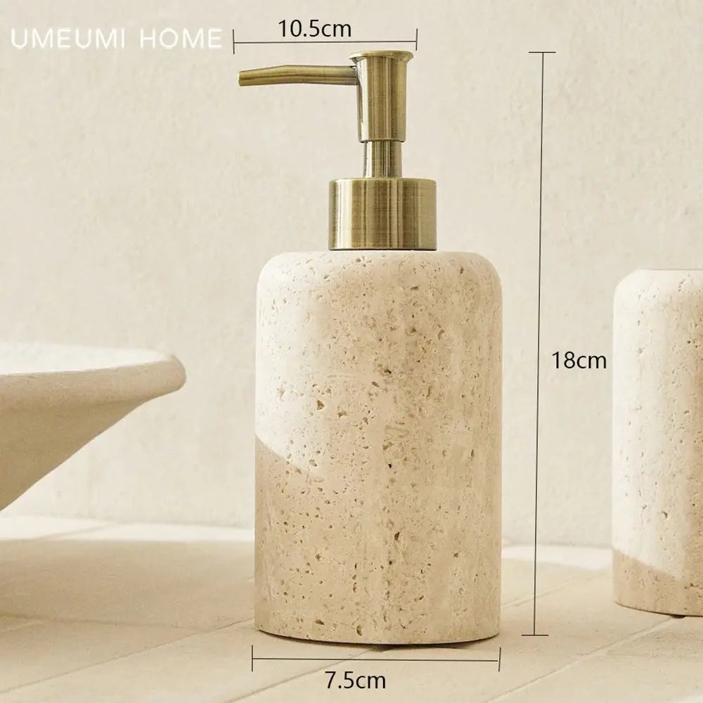 distributeur de liquide en marbre et travertin avec tête dorée - vue 6 sur 7