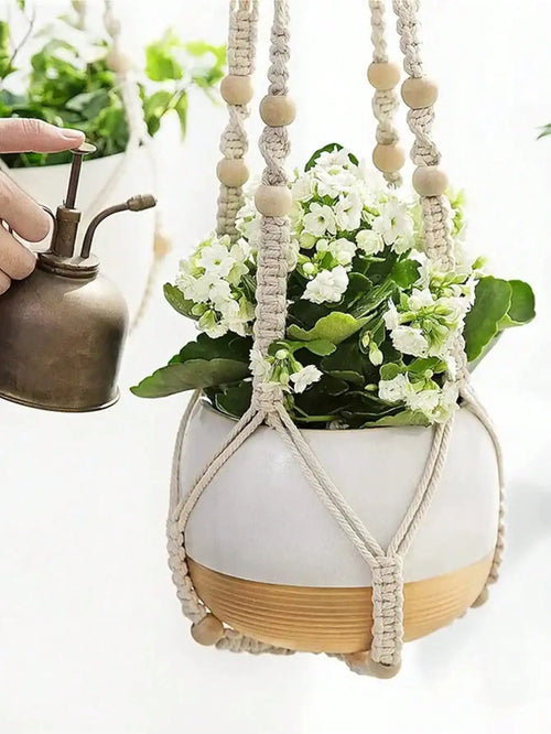 panier suspendu décoratif en tressé avec perles en bois - vue 6 sur 6