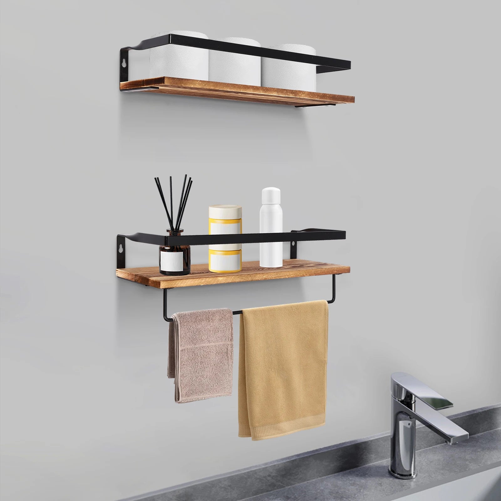 étagère murale en bois avec barre porte-serviettes à deux niveaux - vue 4 sur 7