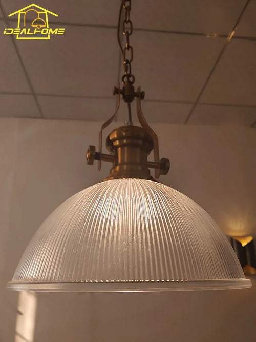 suspension vintage en fer style campagnard avec verre rayé - vue 4 sur 6