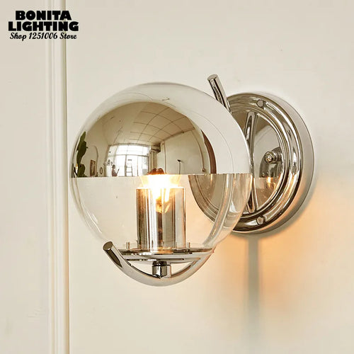 Boule d'espace argent Simple élégant haricots magiques petites appliques appliques murales boule de verre semi-plaqué chromé appliques murales couloir de chambre à coucher - vue 2 sur 5
