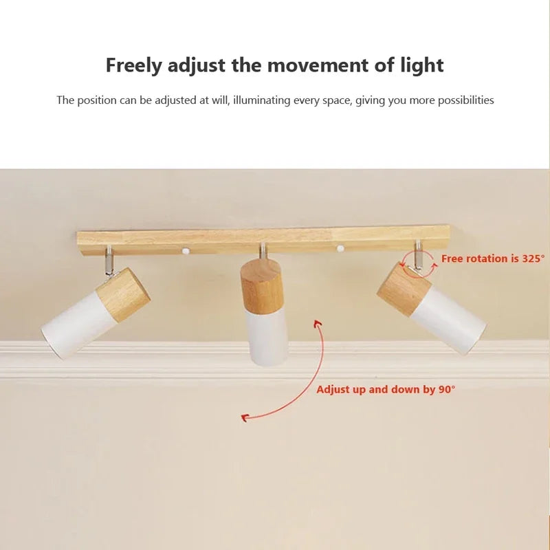 plafonnier en bois avec projecteur rotatif réglable décoratif - vue 5 sur 17