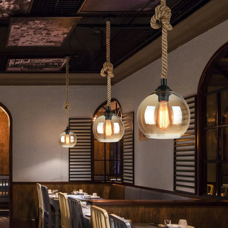 corde de chanvre avec boule de verre lumière led tissage à la main - vue 3 sur 11