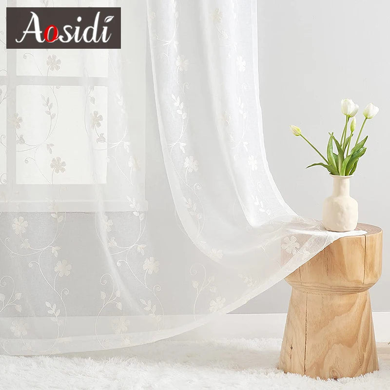 Voilage tulle brodé floral léger pour salon chambre - vue 2 sur 7