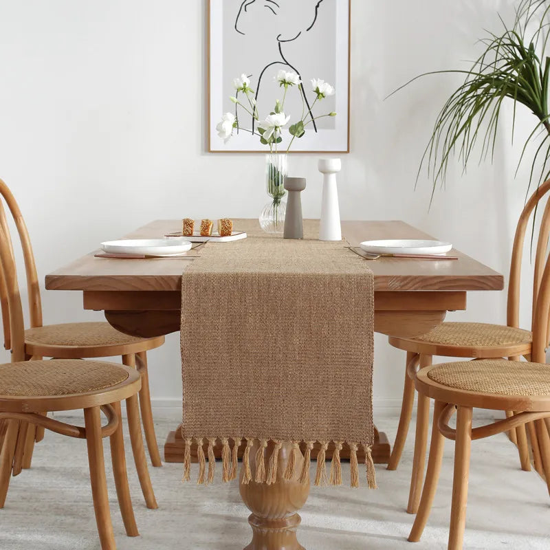 Chemin de table lin brodé style rustique beige 8 mots