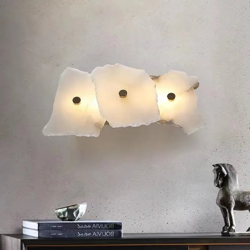 Applique murale moderne en laiton LED longue lampe en marbre naturel 	 de luxe éclairage applique chambre salon salle à manger couloir lumière - vue 5 sur 12
