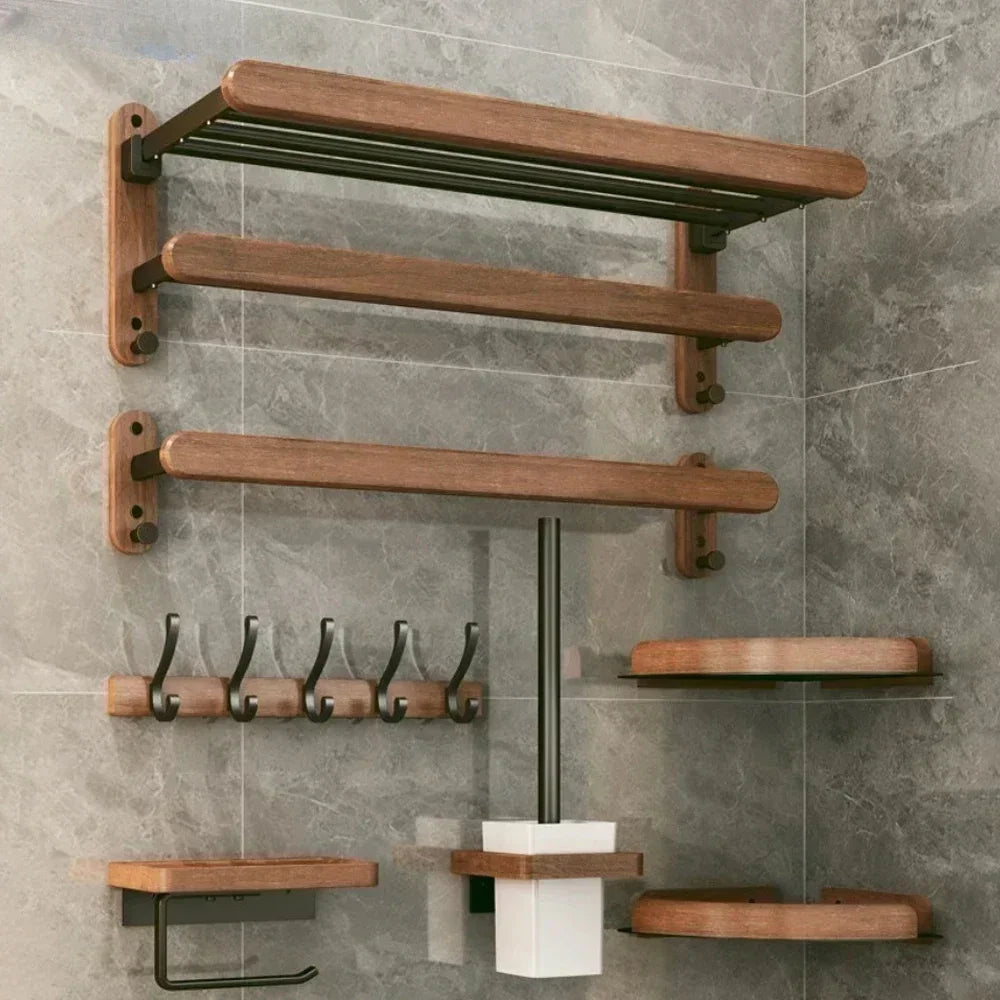 porte-serviettes en bois et aluminium organisateur mural pour accessoires de douche - vue 6 sur 16