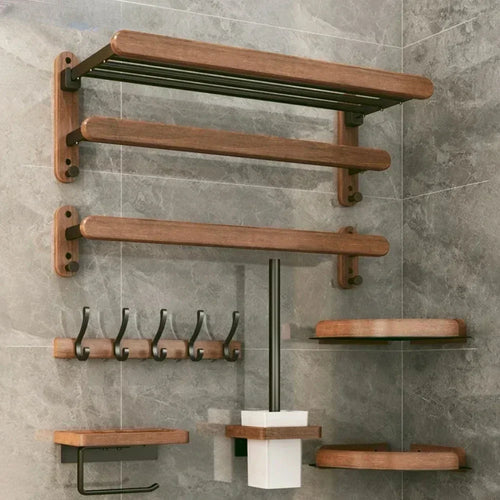 porte-serviettes en bois et aluminium organisateur mural pour accessoires de douche - vue 7 sur 16