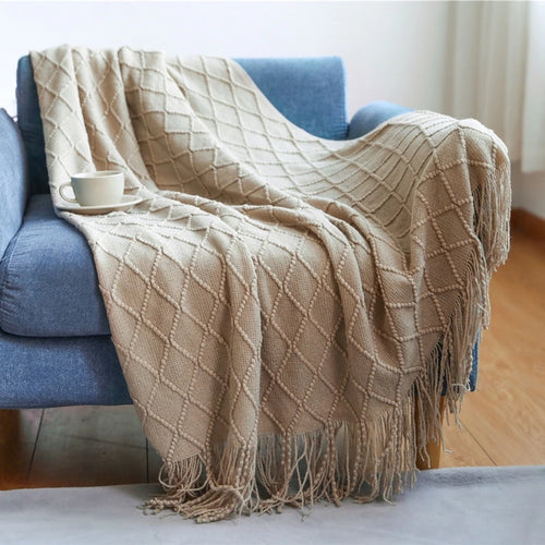 plaid tricot leger doux avec pompons style salon