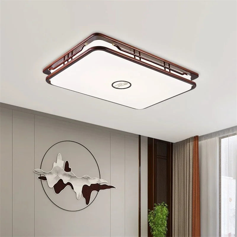 plafonnier moderne en bois massif style chinois avec lampe LED - vue 3 sur 10