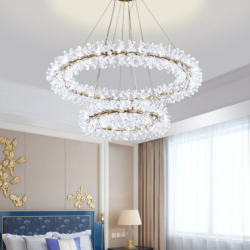 Lustre en cristal de fleur moderne Suspension lustres LED de luxe pour salon 60 80 100 cm anneaux suspendus suspension - vue 4 sur 16