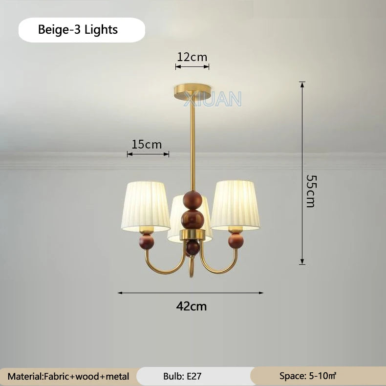 lustre led vintage américain en tissu plissé et bois wabi-sabi - vue 12 sur 12