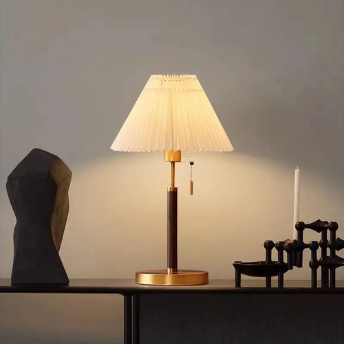 lampadaire vintage en bois avec tissu plissé design élégant - vue 5 sur 8