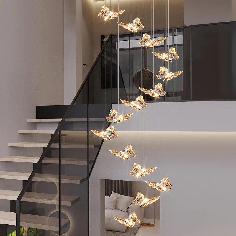 lustre long nordique postmoderne papillon acrylique luxe villa - vue 3 sur 18