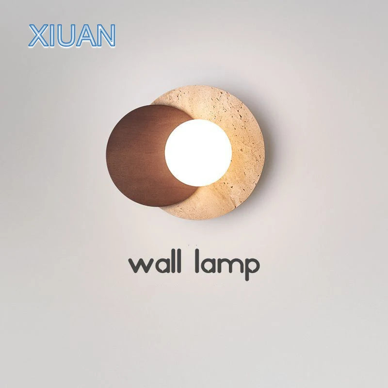 Japanese style Wabi-sabi Round Wall Lamps for Living Room Bedside Aisle Stair Entrance Decor Yellow Cave Stone Solid Wood Light - vue 1 sur 8
