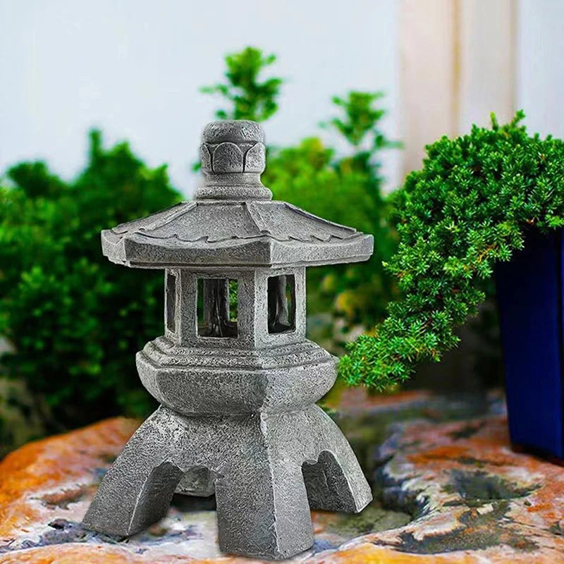 sculpture de jardin lampe solaire en résine design japonais étanche - vue 8 sur 9