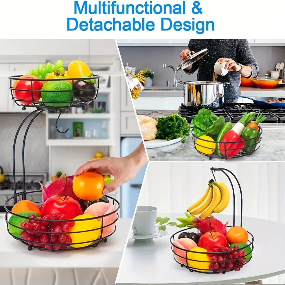 panier à fruits à deux niveaux avec support bananes en métal - vue 6 sur 7